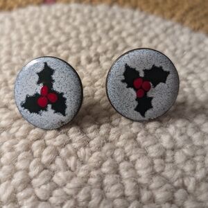 Holly Enamel Earrings Screwback Vintage green red on blue 1" round Holiday